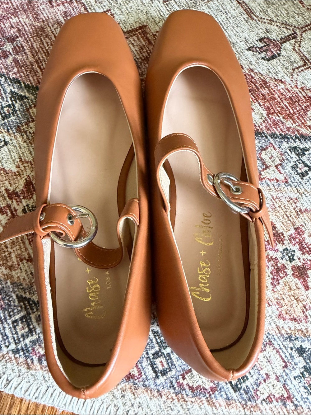 Chase + Chloe Cognac Mary Jane Flats with Silver Buckles